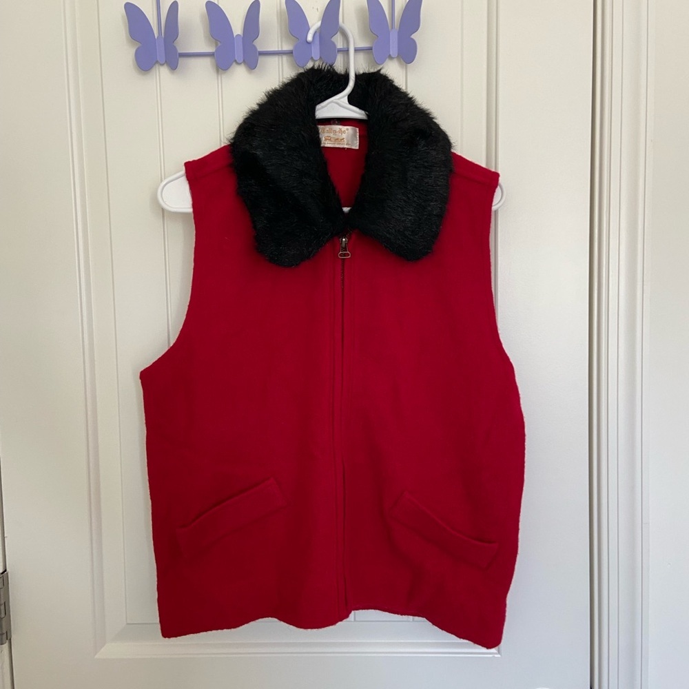 Vintage Tally Ho women’s vest‎ 100% wool faux fur collar zip red fashion